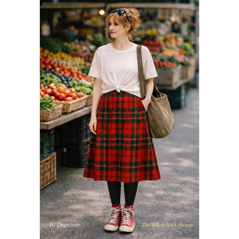 Vintage 1970s/80s Handmade Plaid Wool Skirt | Small | Red Green Tartan